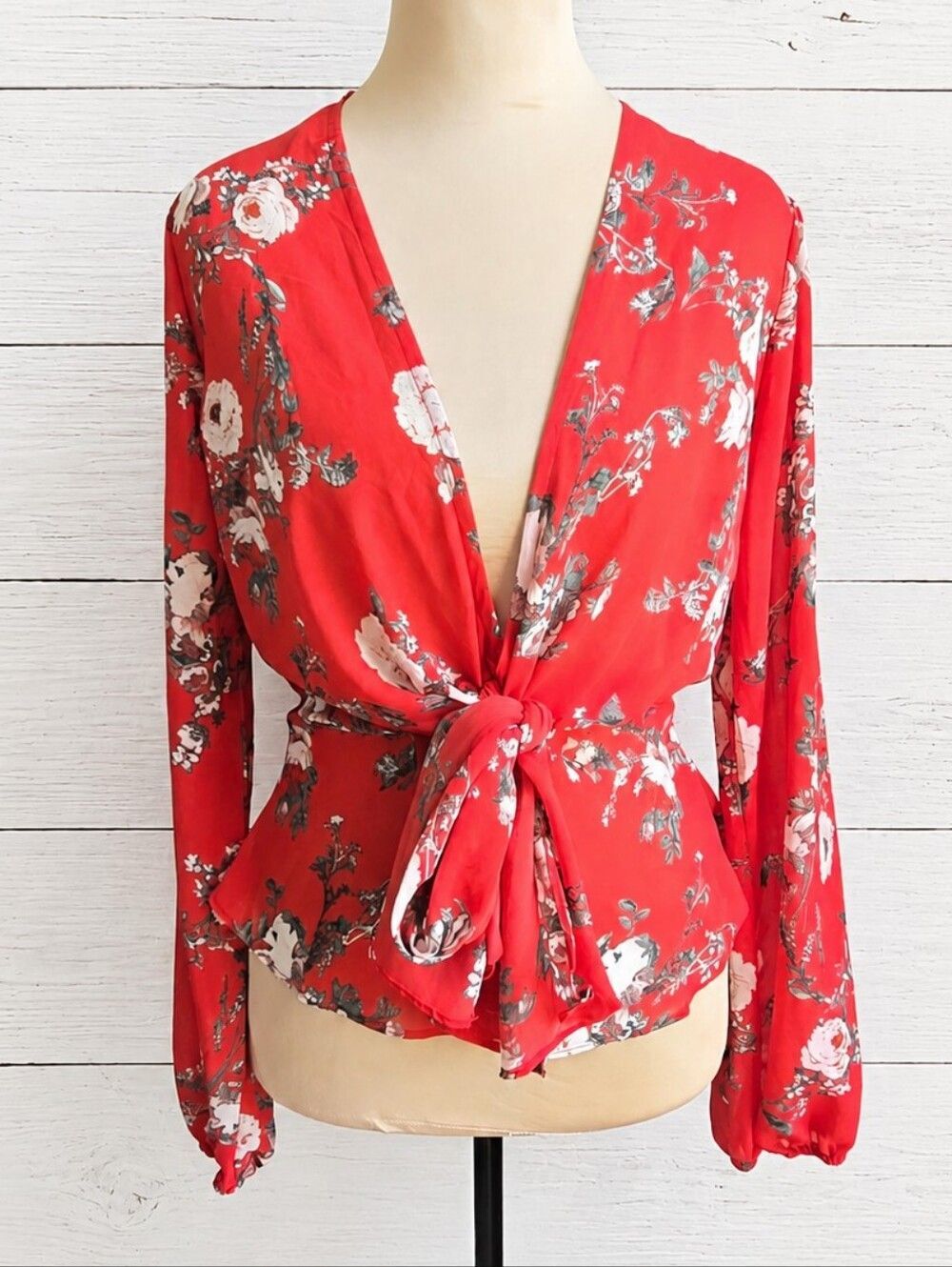 Favlux Red Floral Tie-Front Long Sleeve Top Size S